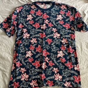 Hawaiian Floral Print Tee Tropical Vacation Shirt Navy Blue Size S
